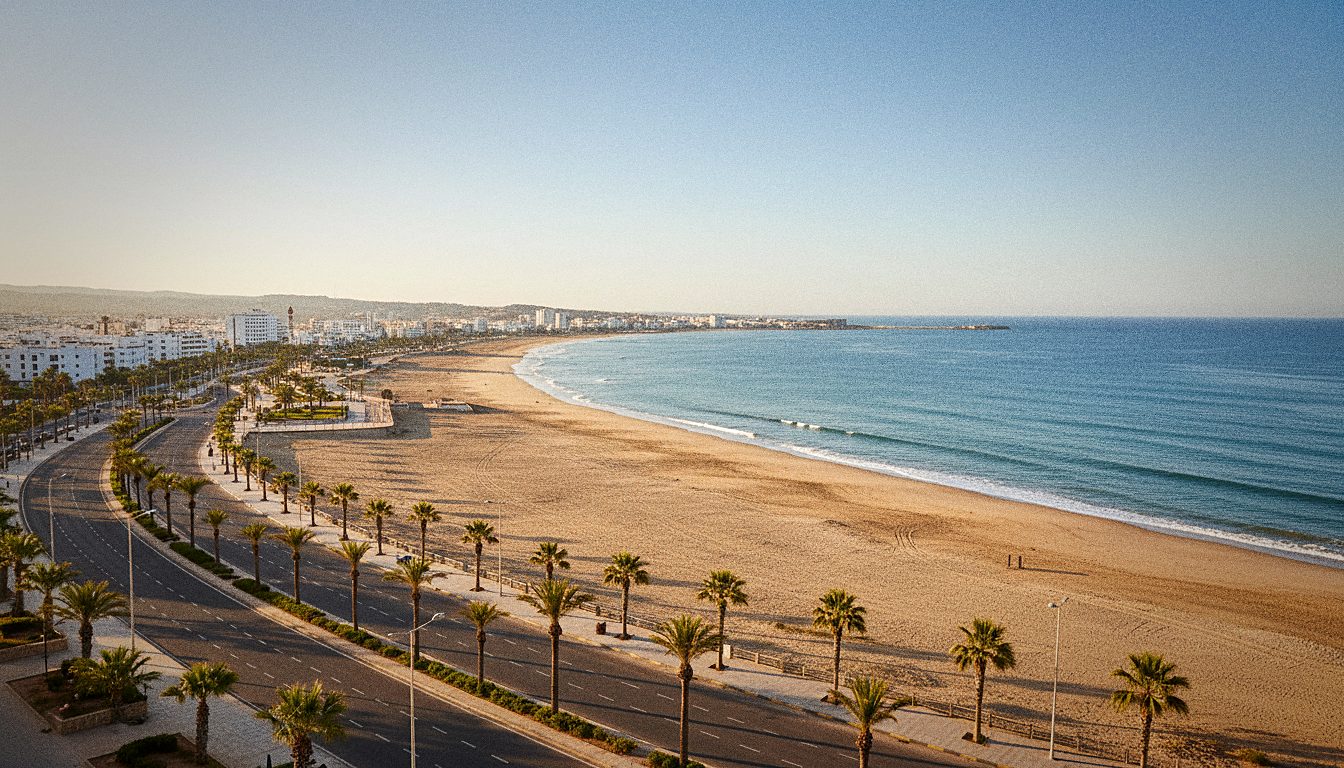 Front de mer et plage d'Agadir en bord d'Atlantique, vue depuis la baie