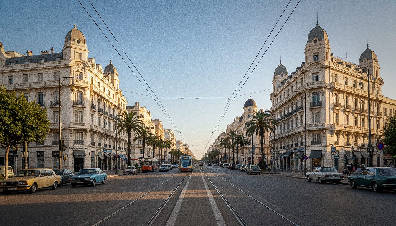 Circulation et immeubles du centre-ville de Casablanca en fin de journée