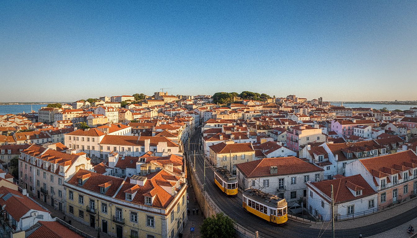 Vue sur les toits typiques et le tramway jaune de Lisbonne depuis un mirador de l'Alfama