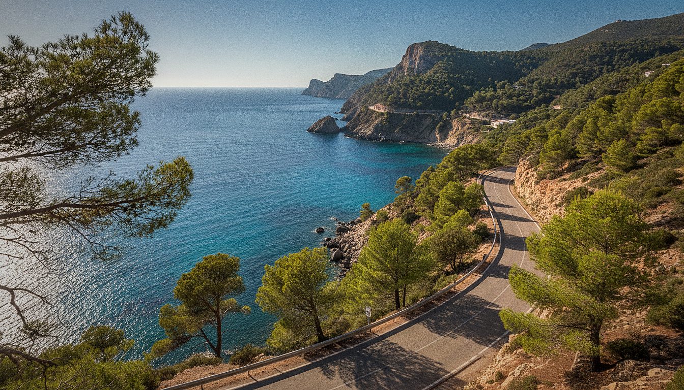 Route côtière de Majorque bordée de pins, vue depuis un point de vue sur la Méditerranée