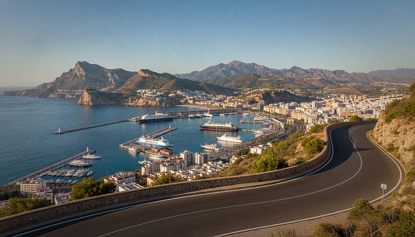 Baie de Malaga vue depuis les hauteurs, avec le port et les montagnes de la Costa del Sol en arrière-plan