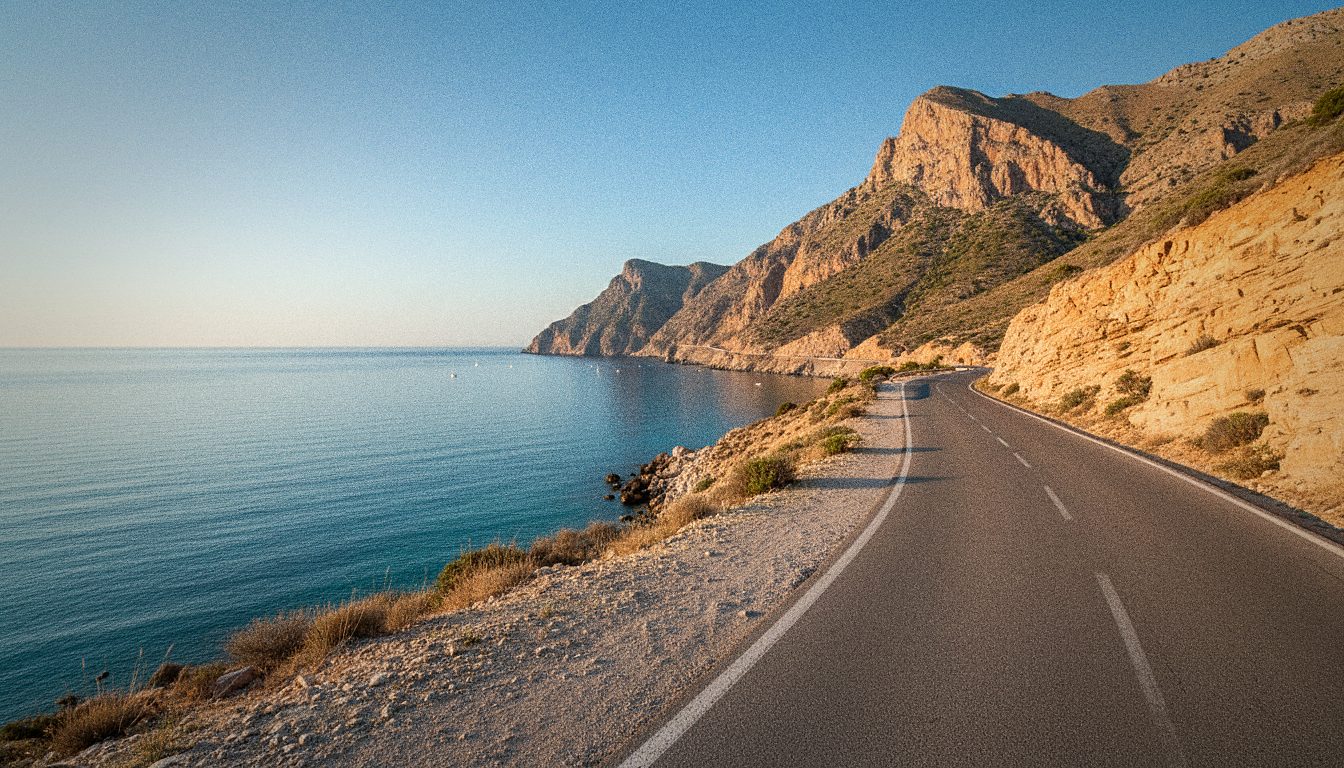 Route côtière longeant la Méditerranée près de Malaga, avec la mer d'un côté et le relief de l'autre