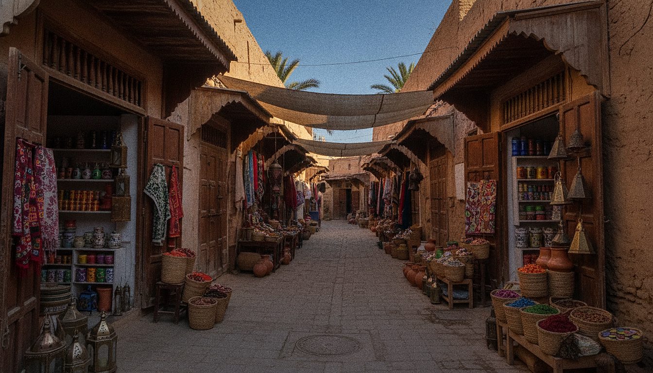 Ruelle animée d'une médina marocaine bordée d'échoppes