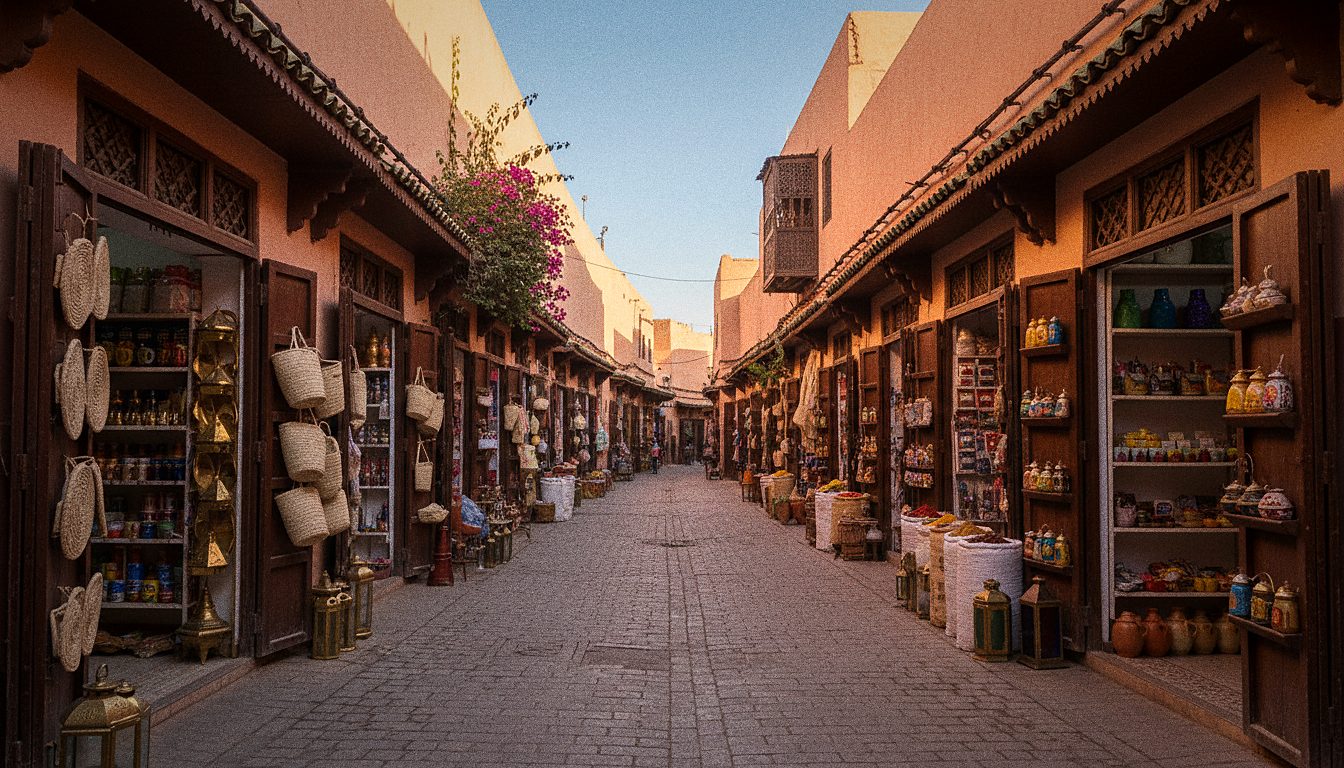 Ruelle étroite de la médina de Marrakech bordée d'échoppes et de façades ocres