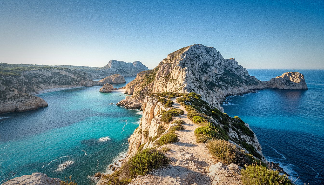 Les calanques de Marseille vues depuis un sentier côtier, falaises calcaires et eau turquoise
