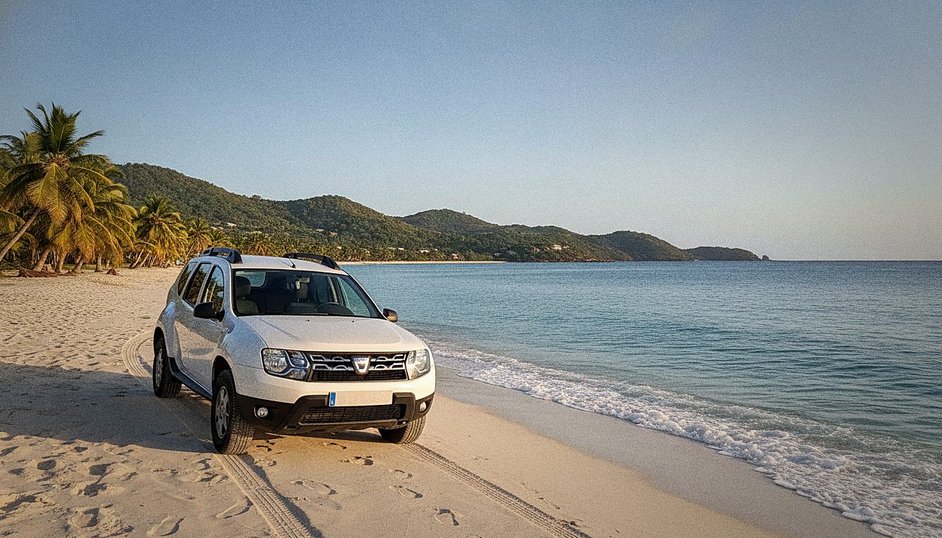 Voiture de location garée face à une plage de sable de la côte caraïbe en Martinique