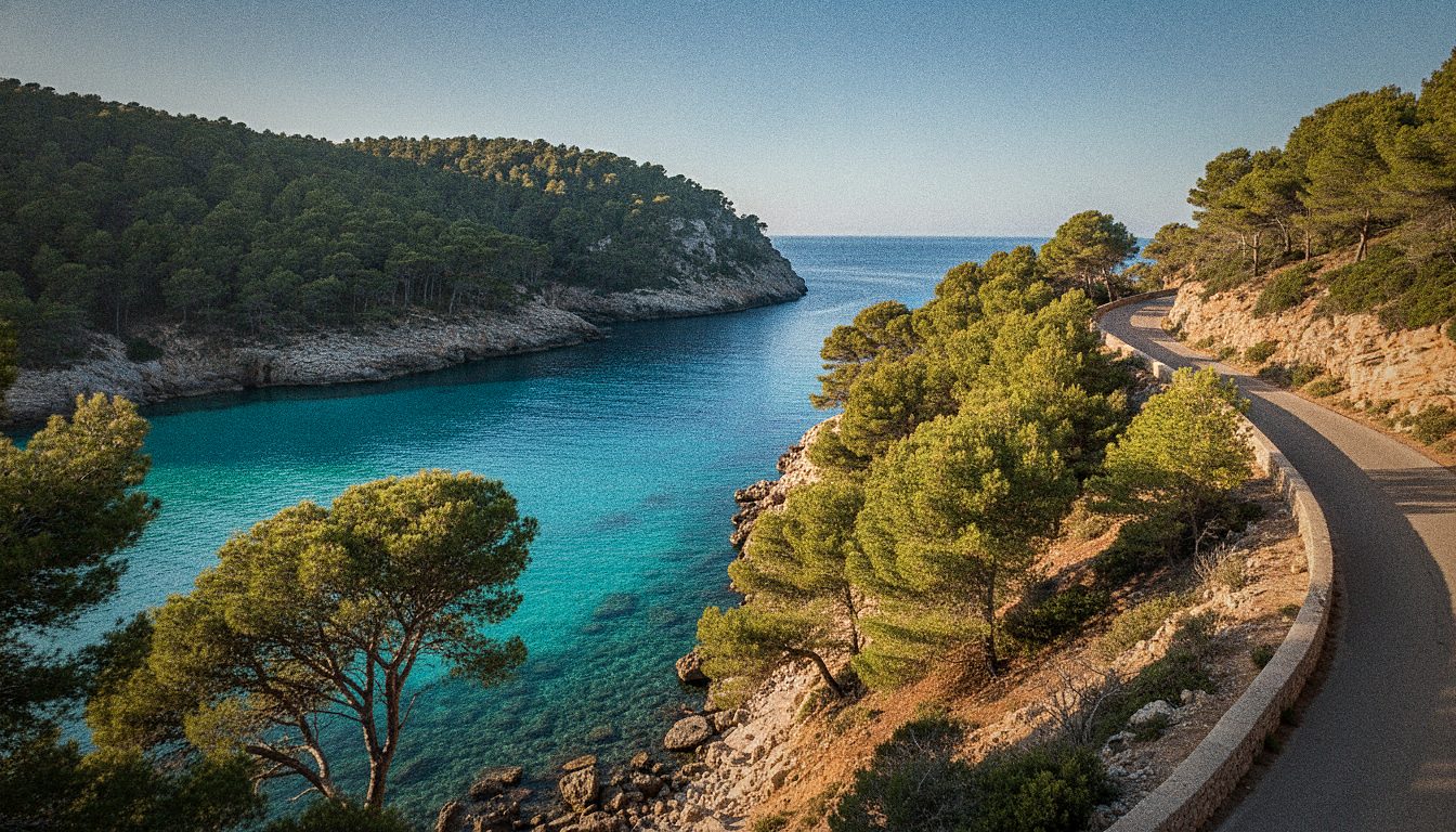 Crique de Cala Macarelleta à Minorque, eau turquoise encadrée par des falaises basses et des pins