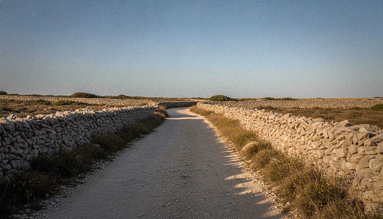Chemin de terre bordé de murets de pierre sèche sur le Camí de Cavalls à Minorque