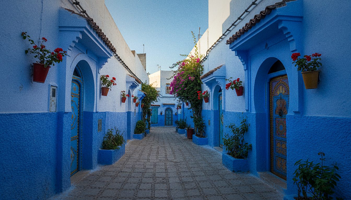 Ruelle blanche et bleue de la médina de Rabat bordée de façades traditionnelles
