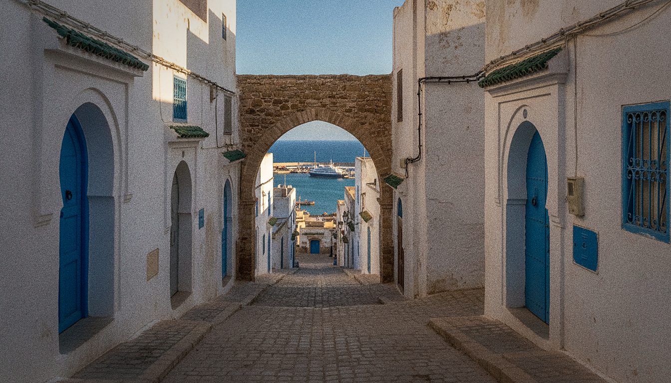 Ruelles blanches et bleues de la médina de Tanger avec vue sur le port
