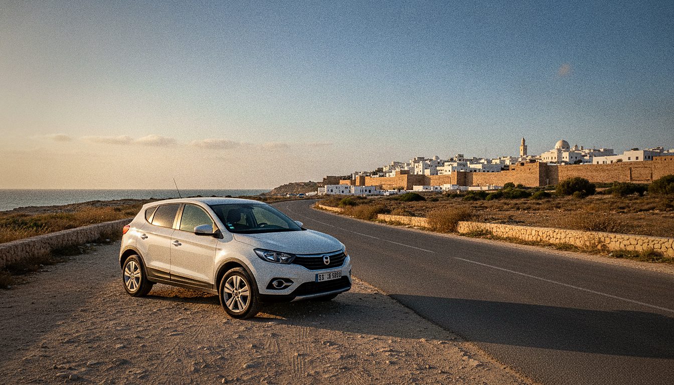 Voiture de location garée en bord de route en Tunisie, avec la médina en arrière-plan
